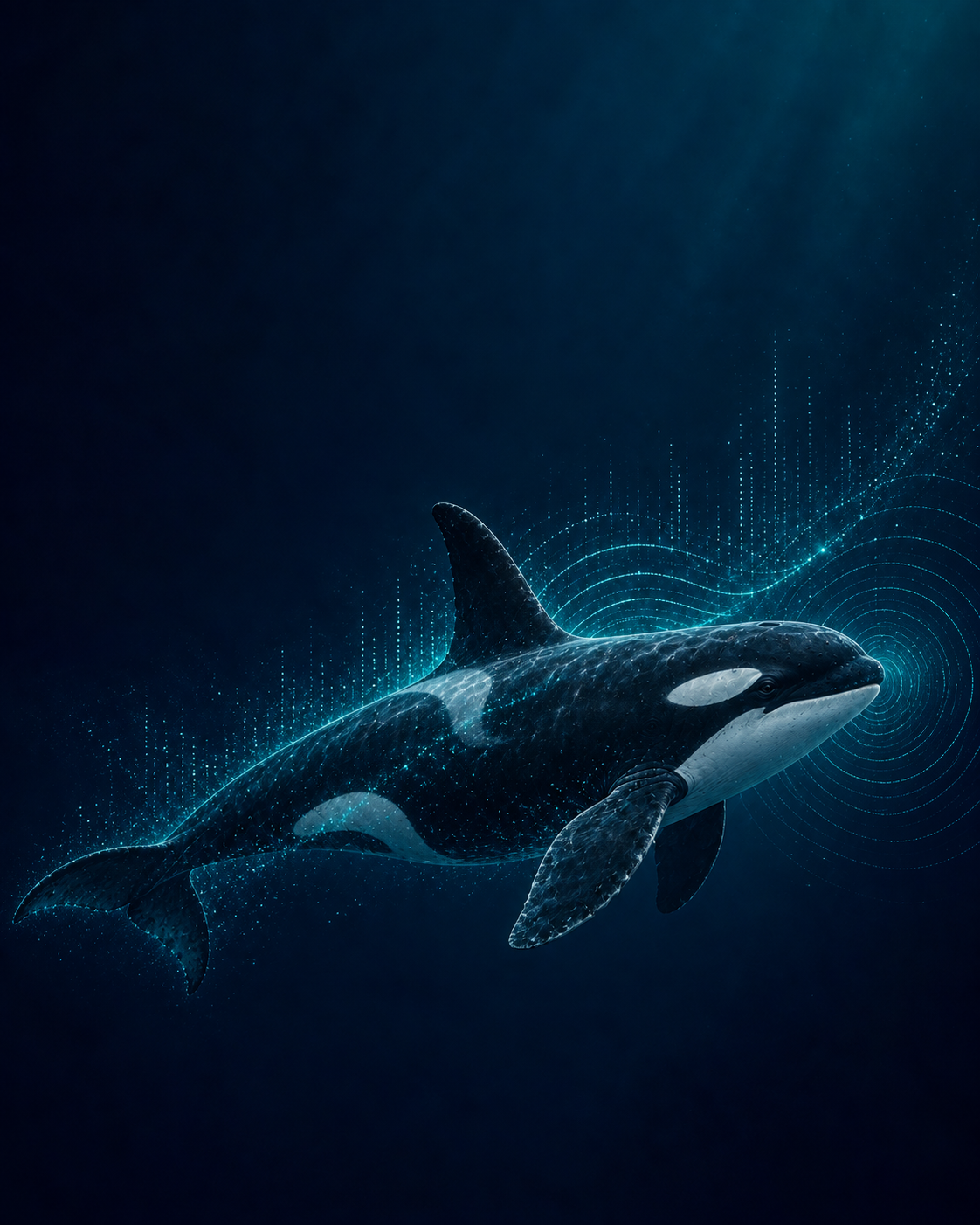 An orca swimming through deep blue water with subtle teal acoustic waves and data traces.